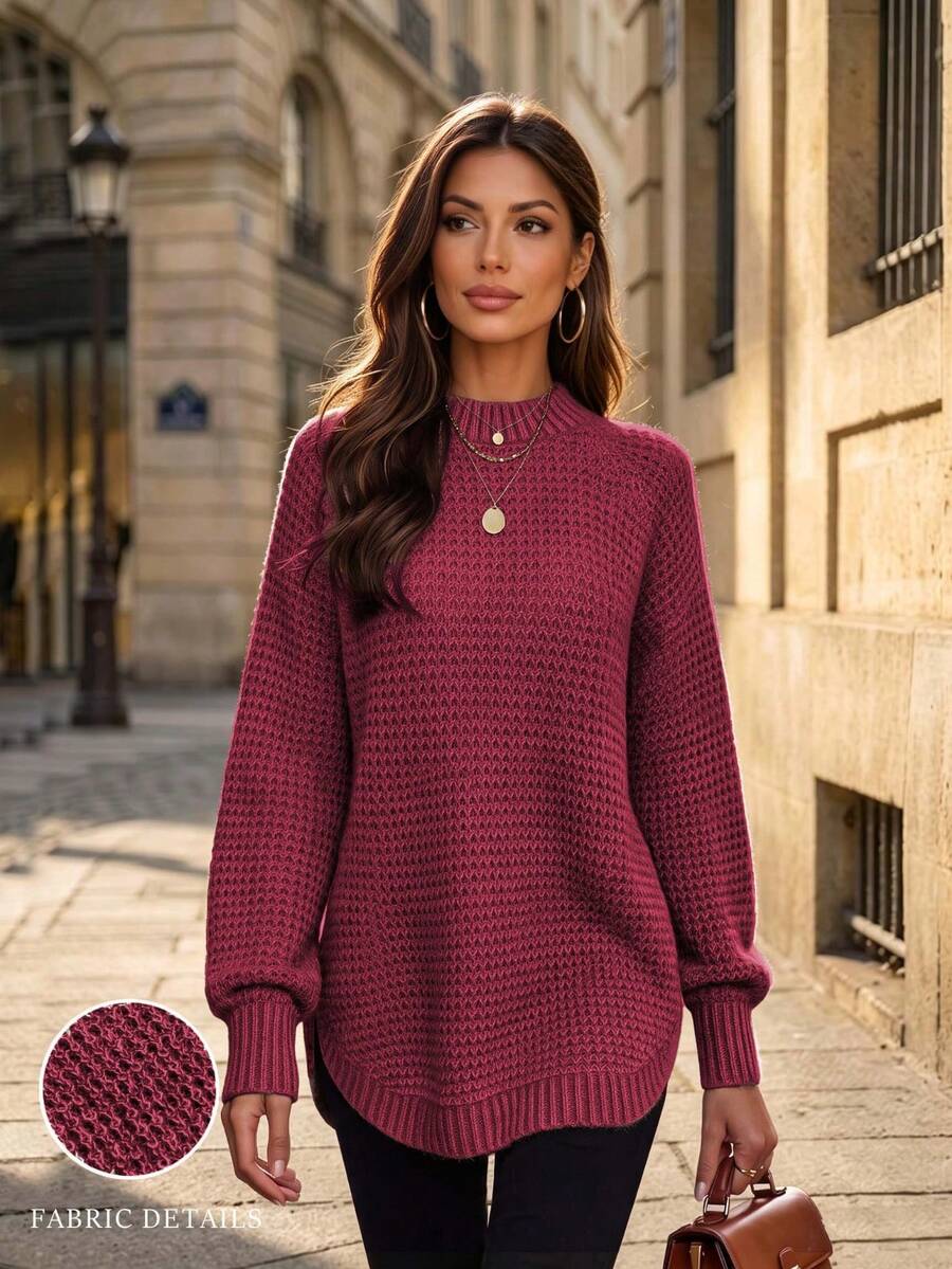 Women's Basic Loose Thick Waffle Knit Solid Color Long Sweater, Curved Hem, Casual Crew Neck Pullover Long Sleeve Sweater Top, Anchor Red Fall