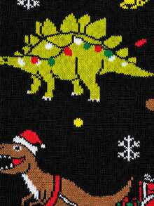 1 Pair Of Men Crew Sock, Christmas Dinosaur Sleigh Snowflake Pattern Socks, Soft Warm Fall Winter, Halloween Christmas Gift For Men For Woemn - Multicolor - View 4