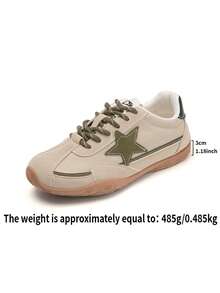 Star-Patterned Women's Retro German Trainer Shoes, Rubber Sole Flat Lace-Up Casual Sports Shoes, Patchwork Design For Home And Outdoor - Coffee Brown - View 8