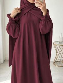 Busana Sehari-hari Wanita Timur Tengah, Set Hijab dan Abaya 2 Potong yang Serasi, Gaun Panjang Lengan Mengembang Longgar dengan Manset Elastis - MultiWarna - View 21