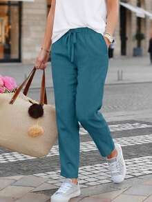 Jisfaneya Women's Solid Color Drawstring Casual Straight Leg Pants With Pockets - Lake Blue - View 8