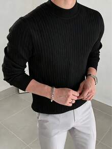 Men's Ribbed Slim Fit Regular Shoulder Mercerized Mock Neck Long Sleeve Sweater - Black - View 1