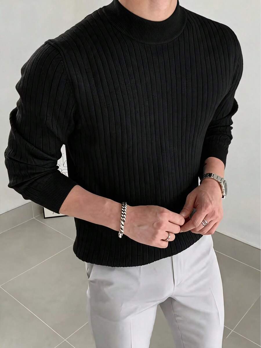 Men's Ribbed Slim Fit Regular Shoulder Mercerized Mock Neck Long Sleeve Sweater - Black - View 1