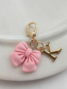 Pink Compact Bowknot Letter A-Z Keychain Pendant, Matching Bag Charm, Seasonal Opening Halloween Interactive Small Gift - Multicolor - View 11