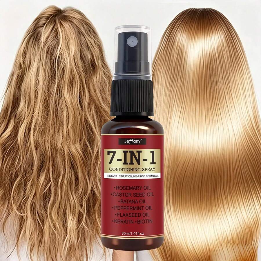 Jeffany Semprotan Perawatan Rambut Tanpa Bilas untuk Menghaluskan Rambut Kusut Seketika - Semprotan Penghalus Keratin 7-in-1, 30ml. Perawatan Multifungsi dengan Tekstur Ringan yang Meredakan Rambut Kusut, Kering, Kusut, dan Patah dalam Sekali Pakai. Cocok untuk Rambut Kering, Berminyak, dan Semua Jenis Rambut - Travel Size - View 1