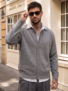Men's Solid Light Grey V Neck Knit Cardigan, Button Down Loose Soft Layering Sweater Outerwear - Grey - View 7