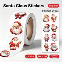 500pcs/Roll Cartoon Shaped Santa Claus Graffiti Stickers, 1 Inch, 8 Patterns, Gift Decoration Stickers, Envelope Seal Stickers, Office Decoration Stickers, DIY Christmas Atmosphere Stickers, PVC Self-Adhesive Label Roll Stickers - Multicolor - View 1