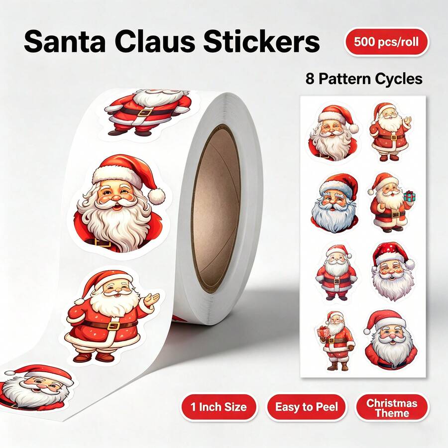 500pcs/Roll Cartoon Shaped Santa Claus Graffiti Stickers, 1 Inch, 8 Patterns, Gift Decoration Stickers, Envelope Seal Stickers, Office Decoration Stickers, DIY Christmas Atmosphere Stickers, PVC Self-Adhesive Label Roll Stickers - Multicolor - View 1