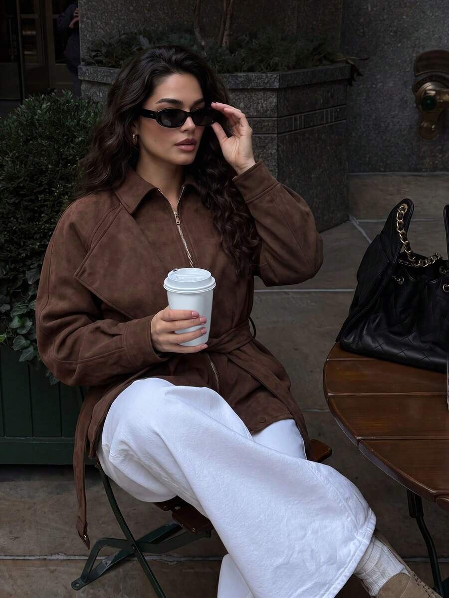 2026 Autumn/Winter Women's Raglan Long Sleeve Waist Tie Elegant Versatile Jacket - Rust Brown - View 1