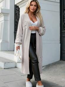 3D Floral Embroidered Rope Long Loose Slouchy Cardigan Sweater, Suitable For Casual, Date, Vacation Wear In Autumn/Winter - Light Khaki - View 6