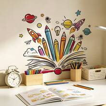 1pc 2D Book-Style Colored Pencil Space Wall Sticker, Rocket Astronaut Planet Pattern Self-Adhesive Decorative Decal - Multicolor - View 1