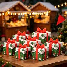 20pcs (10pcs Gift Box + 10pcs Tag) Christmas Gift Boxes With Red Ribbon Bow Design, Green Christmas Tree, Santa Claus, Snowflake Pattern Candy Gift Boxes, Suitable For Christmas, Wedding, Birthday Party Foldable Packaging Boxes, Holiday Party Home Table Decoration, Best Gift For Friends And Family - View 1