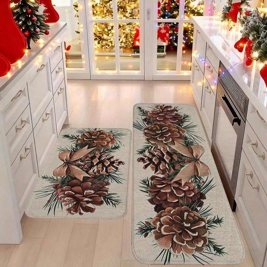 1/2/3pcs Christmas Theme Kitchen Rugs, Flannel Kitchen Mats With Christmas Pine Cone And Pine Branch Pattern, Soft Comfortable Absorbent Non-Slip Machine Washable With Non-Slip Backing, Multi-Purpose Floor Mats Suitable For Doorway, Living Room, Bedroom, Kitchen, Dining Room, Bathroom, Patio, Entryway, Home And Holiday Decor - Multicolor - View 1