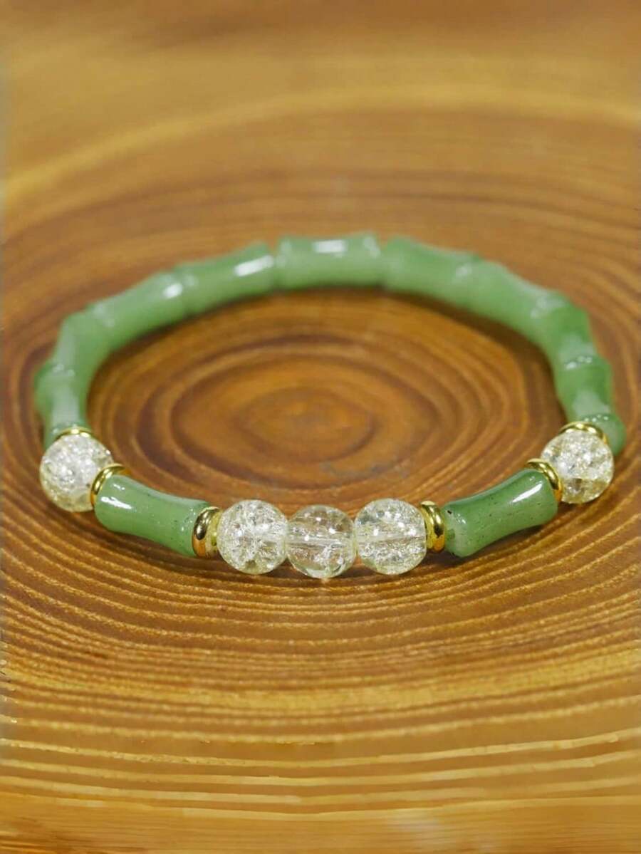 1pc Chinese Style Green Bamboo Joint Lucky Bracelet, Prosperity & Success Festival Gift, Women's Fortune Bracelet - Multicolor - View 1