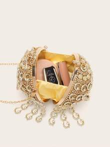 Mini Rhinestone Tassel Handheld Spherical Evening Bag - Gold - View 9
