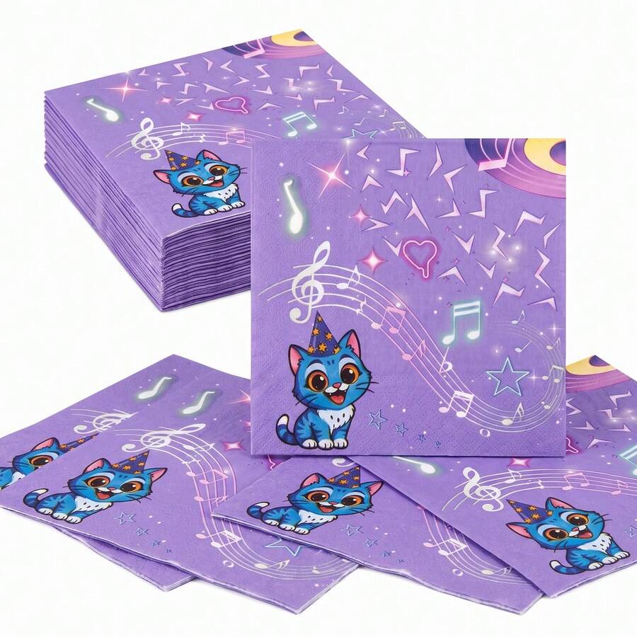20/40/60Pcs,Purple Cartoon Cat Disposable Napkins,Lightning Bolt,Music Note And Star Printed Tissues,2-Ply Thick Music Theme Party Serviettes,Perfect For Birthday Parties,Music Gatherings,Cartoon Theme Parties And Table Decorations - Multicolor - View 1