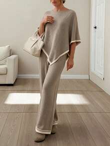 Women's Autumn/Winter High Neck Long Cloak, Loose Fit Colorblock Sweater And Wide Leg Pants 2 Pieces Set - Light Khaki - View 1