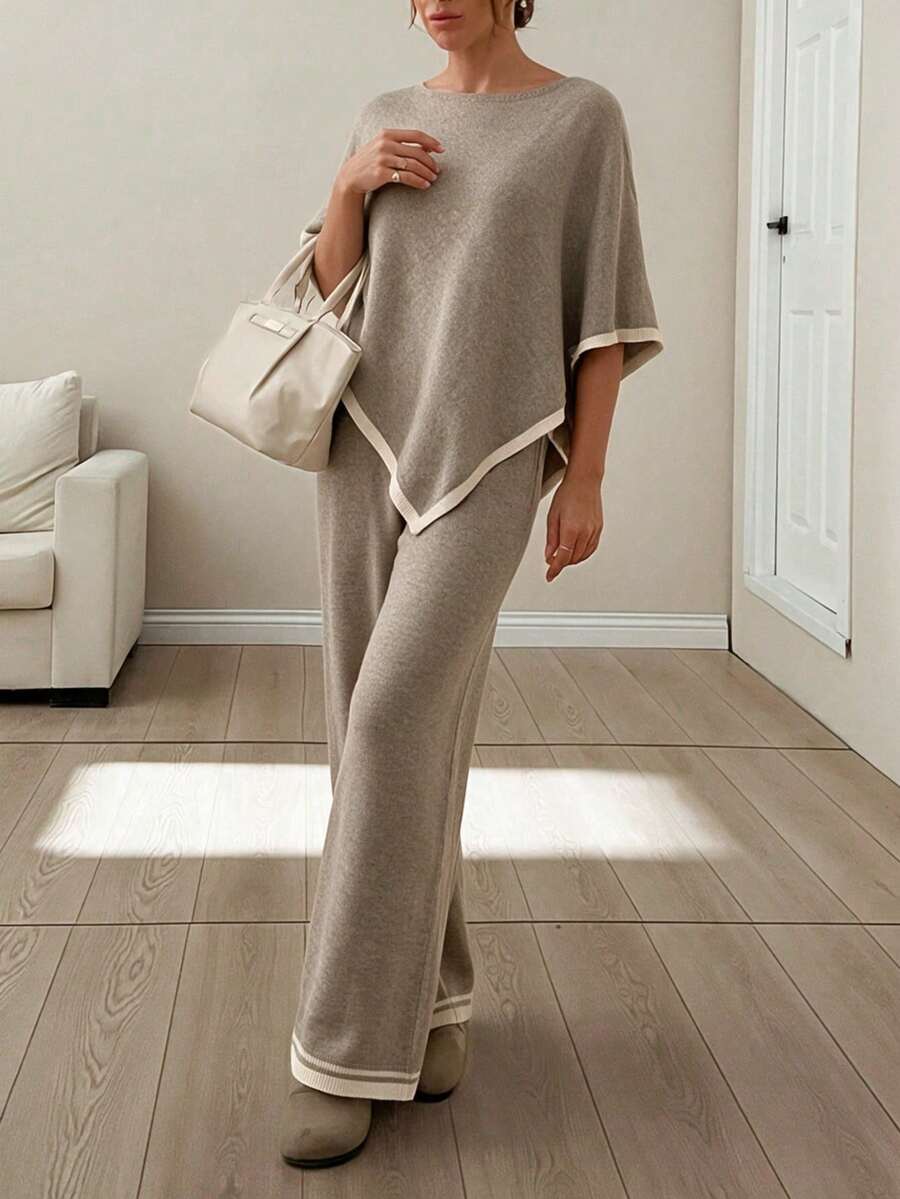 Women's Autumn/Winter High Neck Long Cloak, Loose Fit Colorblock Sweater And Wide Leg Pants 2 Pieces Set - Light Khaki - View 1