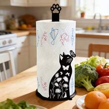 2D Design Cute Black Cat Butterfly Paper Towel Holder, Kitchen Countertop Roll Paper Storage Rack, Cat Lover Decor, Vintage Farmhouse Style Bathroom Standing Paper Towel Rack, Creative Animal Silhouette Design, High-Value Home Storage Rack, 2D Flat - Multicolor - View 2