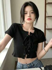 女士纯色圆领镂空系带休闲短袖T恤 黑色 夏季 - 黑色 - 查看 2