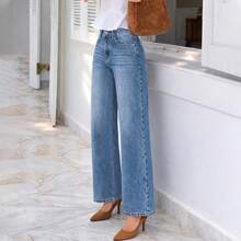 Jeans de pierna ancha azul lavado elástico y suelto para mujer, versátil para ir al trabajo y uso diario, casual para todas las estaciones primavera y otoño - Azul claro - Ver 5
