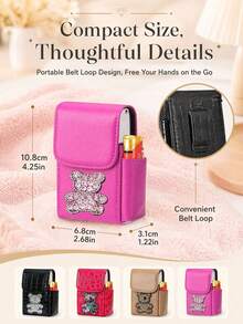 Cute Rhinestone Bear Mini Flip Storage Case, Crocodile Texture Faux Leather Small Cosmetic Pouch, Portable Lipstick Eraser Jewelry Organizer Box With Pen Slot, Compact Decorative Holder For Tiny Accessories, Ideal Daily Use & Gift - Multicolor - View 5