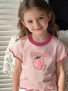 Girls' Wavy Hem Short Sleeve T-Shirt, New Summer Fashion - Pink - View 3