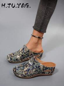 Fashion Women's New Wedge Heel Thick Sole Closed Toe Mule Slippers, Lightweight Comfortable Soft Bottom Indoor Outdoor Walking Sandals For Spring And Autumn - Floral Green - View 2
