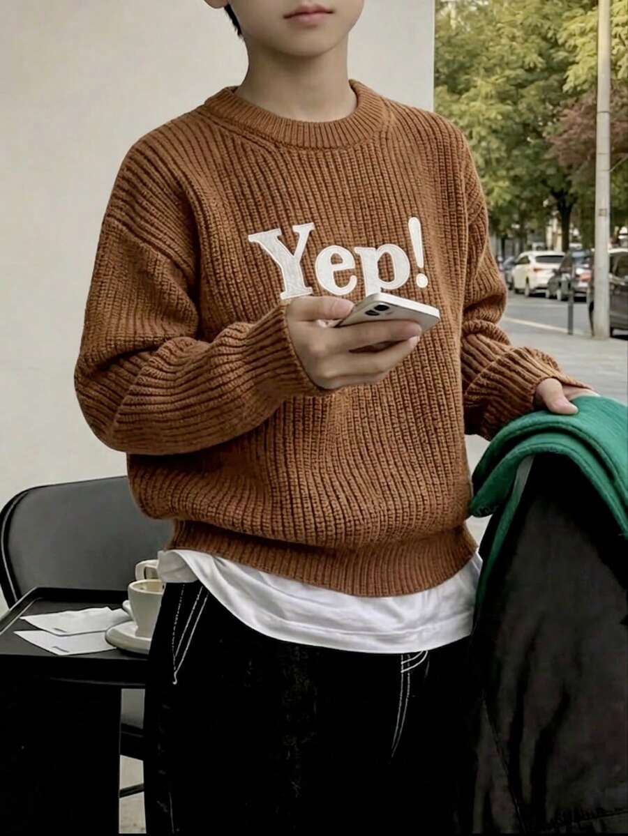 Boys' Minimalist Solid Color English Letter Embroidered Knit Pullover Sweater, Suitable For Casual Daily Wear In Spring, Autumn And Winter - Brown - View 1