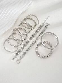 10pcs Fashion Exaggerated Minimalist Old Money Style Layered Vintage Design Star Beaded Chunky Chain Round Bead Bracelet Set For Women, Suitable For Dating, Vacation, Daily Wear, Party, Holiday Gift - Silver - View 3