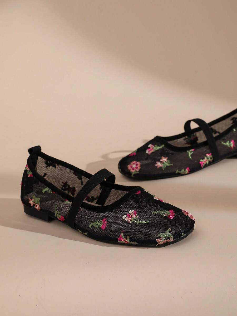 Women's Square Toe Mesh Embroidered Mary Jane Ballet Flats, Breathable Single Strap Flat Shoes - Black - View 1