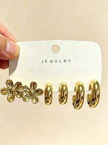 4/6/16PCS Fashionable Elegant Floral Geometric Multi-Element Gold Metallic Earring Set, Women's Fashion Earring Set (Lightweight CCB Material, Non-Fading) - Gold - View 2