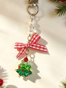 New Christmas Tree Phone Lanyard Crystal Beads Red Plaid Bow Keychain Christmas Gift Bag Charm - Multicolor - View 9