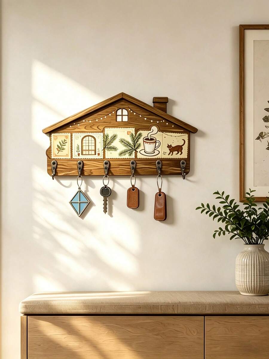 1pc Creative Wooden Cottage Stamp Key Hook, Wall-Mounted Entryway Storage Rack With 6 Hooks, Can Hang Keys, Bracelets, Masks And Small Items, American Vintage Farmhouse Style Home Decor, Warm Home Gift, Suitable For Family And Friends - View 1