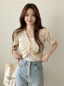 YCYC Korean Style Hollow Drawstring V-Neck Women's Knit Top - Apricot - View 3