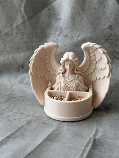 1pc Vintage Angel Wings Divided Jewelry Storage Box, European Art Portrait 3D Large Wings Design, Dual Compartment Storage For Rings, Earrings, Necklaces, Studs And Other Small Accessories, Delicate Matte Texture, Vanity Table, Desk, Entryway Decor Ornament, Exquisite Gift For Women