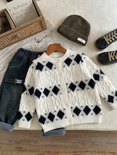 Boys' Preppy Cable Knit Argyle Sweater Cardigan Jacket, Round Neck Long Sleeve Knitted Outerwear Suitable For School Daily Casual Wear Spring Autumn Winter