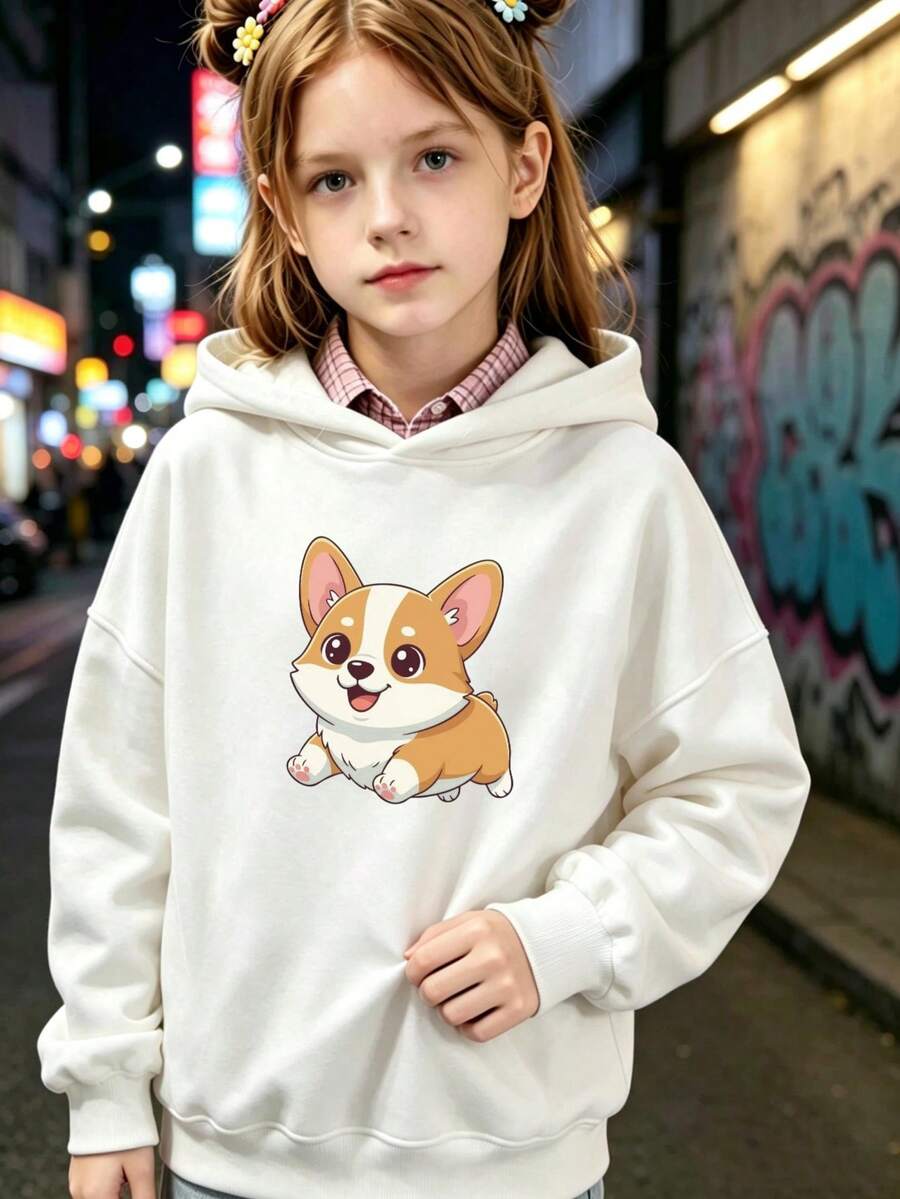 1pc Girls' Long-Sleeve Pullover Hoodie In White, Cute Running Corgi Cartoon Print Sweatshirt, Everyday Wear For Girls - Festive Gift - White - View 1