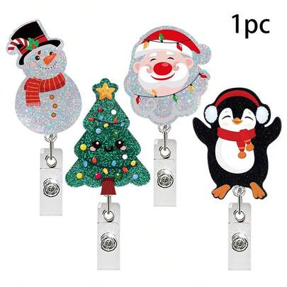 1pc Christmas Snowman Christmas Tree Acrylic Glitter Retractable Badge Reel Clip