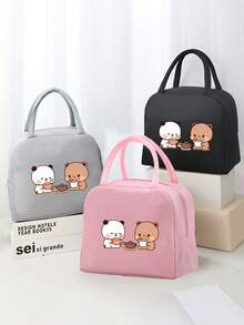 1 Pc, Creative Panda And Bear Pattern Printed Insulated Bento Bag, Large Capacity Handheld Lunch Box Bag, Suitable For Office Workers And Travel - one-size - View 2