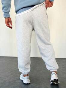 Men's Musical Note Print Winter 3-Layer Fleece Lined Loose Fit Elastic Cuff Pure Cotton Black Jogger Sweatpants - Grey - View 2