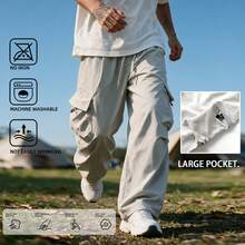 Men's Elastic Drawstring Multi-Pocket Cargo Casual Pants - Light Grey - View 2