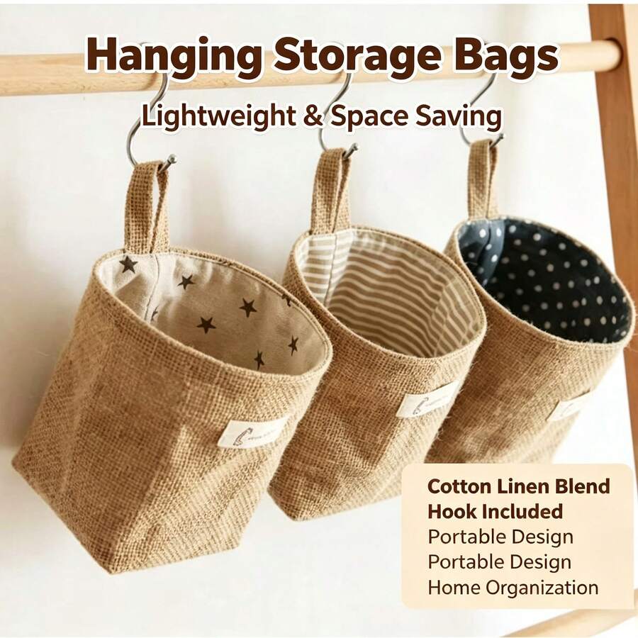 Linen Hanging Storage Basket, Foldable Small Fabric Storage Bucket, Wall-Mounted Storage Bag, Suitable For Home Desk Wardrobe Miscellaneous Items, Multiple Pattern Lining, Back To School Essential, Back To School Gift - Round - View 1