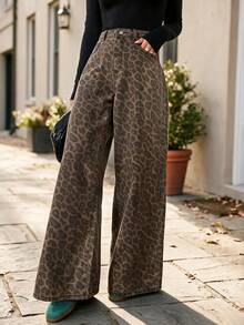 Women's Casual Leopard Print Straight Leg Jeans, With Pockets, Non-Stretch Fabric - Brown - View 4
