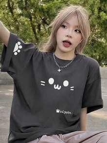 Women's Casual Loose Round Neck Cartoon Cat & Letter Print Short Sleeve T-Shirt, Summer - Dark Grey - View 2