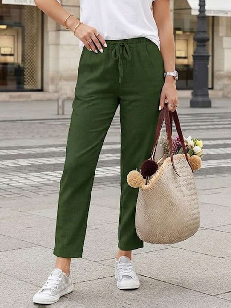 Jisfaneya Women's Solid Color Drawstring Casual Straight Leg Pants With Pockets - Green - View 8