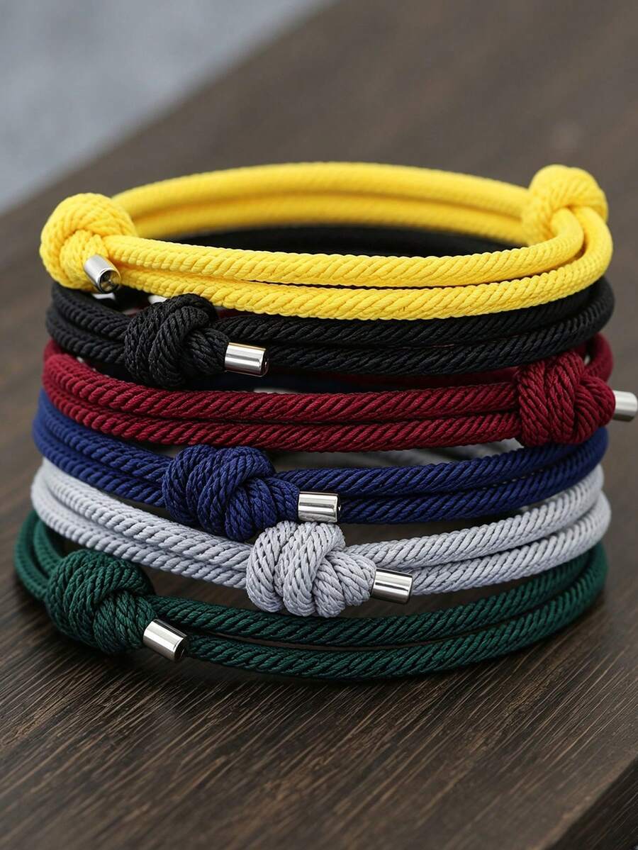 Set Gelang Tali Kepang Minimalis Pria 6 Buah/Set, Gelang Simpul Geser yang Dapat Diatur, Gelang Kepang Bertumpuk Multi-Warna, Hadiah Perhiasan Sehari-hari - Set gelang kepang 6 buah - View 1