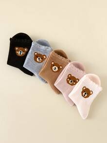 5 Pairs Girls Cartoon Bear Socks, Wavy Ruffle Cuff Mid-Calf Socks, Soft Knitted Neutral Multi-Color Socks, Casual Daily School Socks - Multicolor - View 6