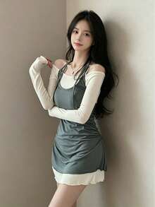 Korean Style Elegant Halter Neck Short Long Sleeve Dress For Women Spring - Grey - View 4