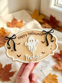 Custom 3D Halloween Wooden Name Plate, 2 Styles Ghost Theme Candy Basket Name Plate, Suitable For Haunted House, Halloween Party Trick Or Treat Decoration Name Plate - Multicolor - View 4
